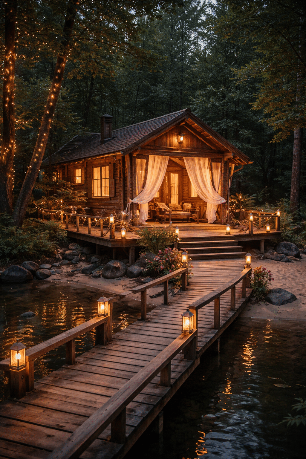 Une cabane romantique en bois au bord de l’eau, dans les bois
